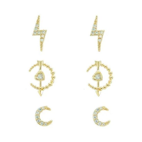 Panacea 14K Gold-Plated Moon-Bolt Arrow Heart Pave Accent 3 Pc Stud Earring Set - Picture 3 of 3
